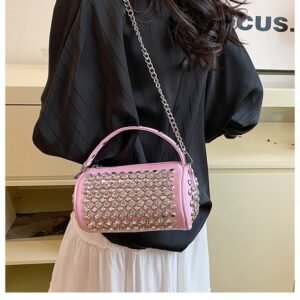 Trendy Rhinestone & Studded Chain Mini Barrel Bag - 2025 New Fashionable Women's Versatile Shoulder/Crossbody Bag
