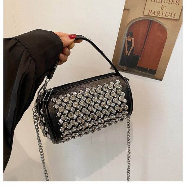 Trendy Rhinestone & Studded Chain Mini Barrel Bag - 2025 New Fashionable Women's Versatile Shoulder/Crossbody Bag - Image 2