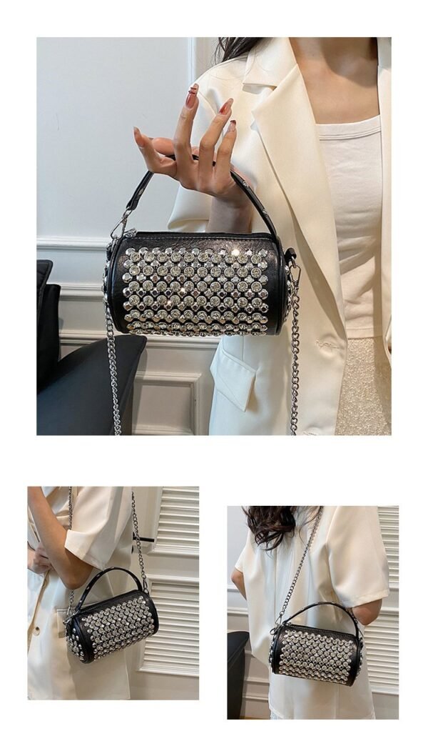 Trendy Rhinestone & Studded Chain Mini Barrel Bag - 2025 New Fashionable Women's Versatile Shoulder/Crossbody Bag - Image 3