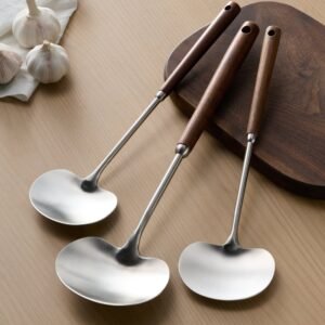 Stainless Steel Kitchen Walnut Wood Mushroom Utensil Set - Spatula, Soup Spoon & Cooking Tools