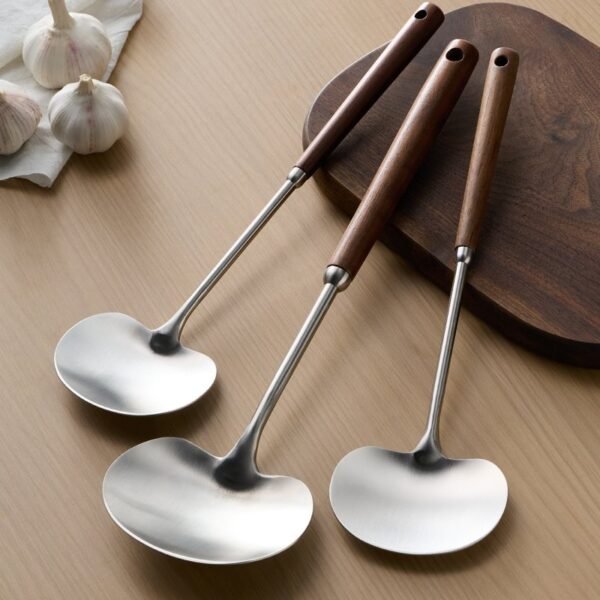 Stainless Steel Kitchen Walnut Wood Mushroom Utensil Set - Spatula, Soup Spoon & Cooking Tools