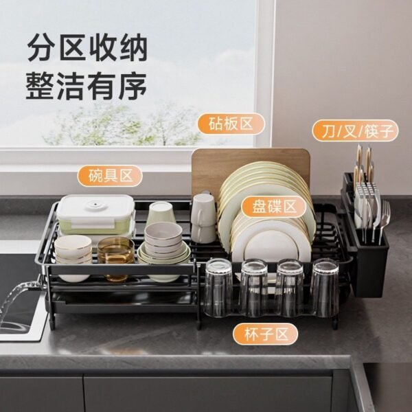 Kitchen Dish Rack - Stainless Steel Double-Layer Countertop Dish Drainer with Multi-Function Utensil Storage - Image 8