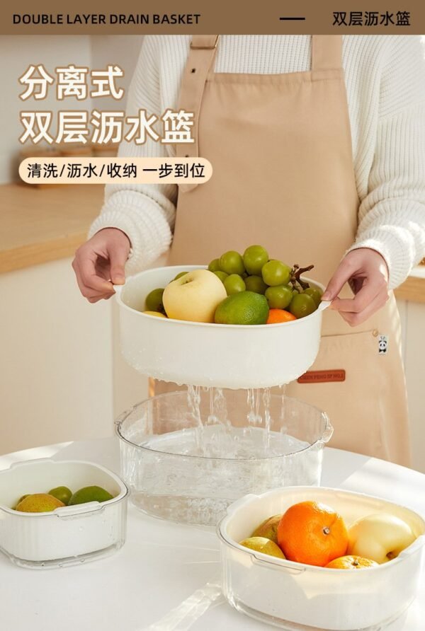 Double-Layer Vegetable Washing Basket - Kitchen Colander Set for Fruits/Salad with Drainage Holes (Includes Stickers) - Image 7