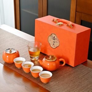 Persimmon-Themed Tea Set - 'Everything Goes Well' Complete Ceramic Gift Box (Corporate/Business Souvenir)